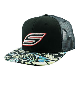 Snapback Hat, Black Flower Trucker